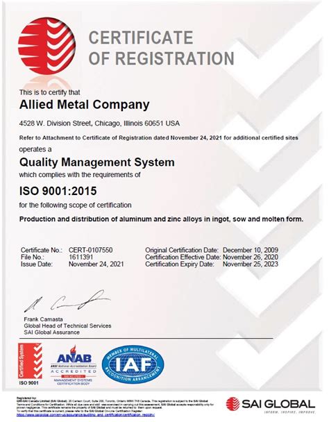 ISO 9001 2015 Certification Allied Metal Company Allied Metal Company