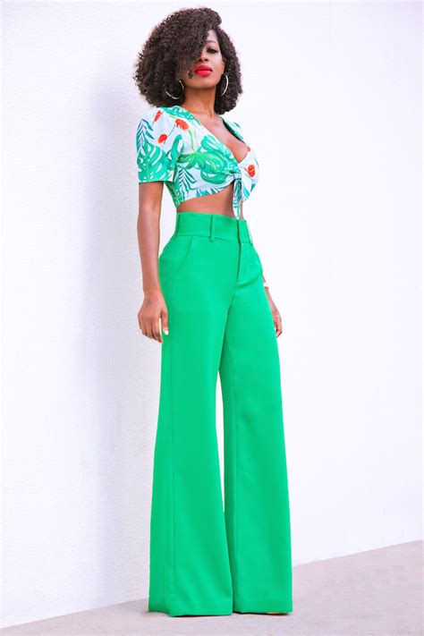 Style Pantry Print Tie Front Crop Top High Waist Wide Leg Pants