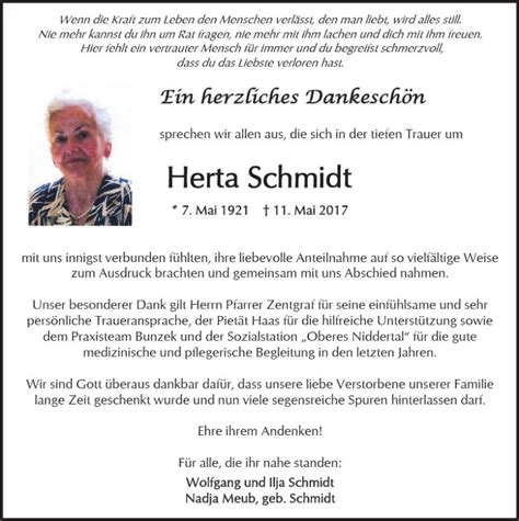 Traueranzeigen Von Herta Schmidt Vrm Trauer De