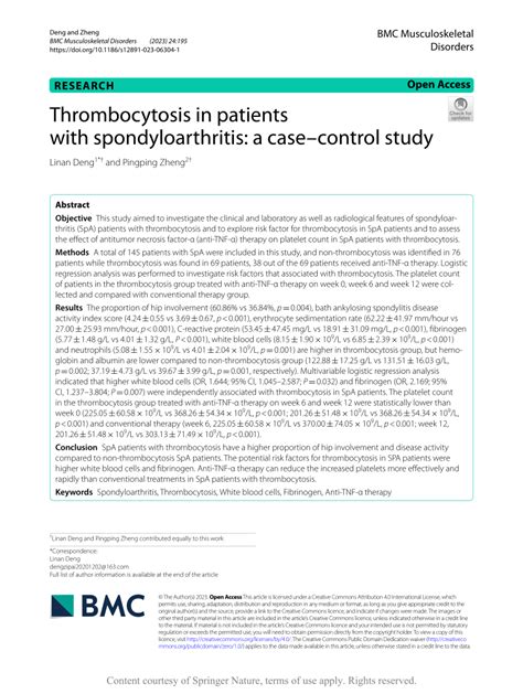 PDF Thrombocytosis In Patients With Spondyloarthritis A Casecontrol