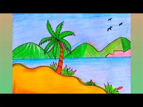 How To Draw A Very Easy Scenery Drawing With Mountain And Seaside