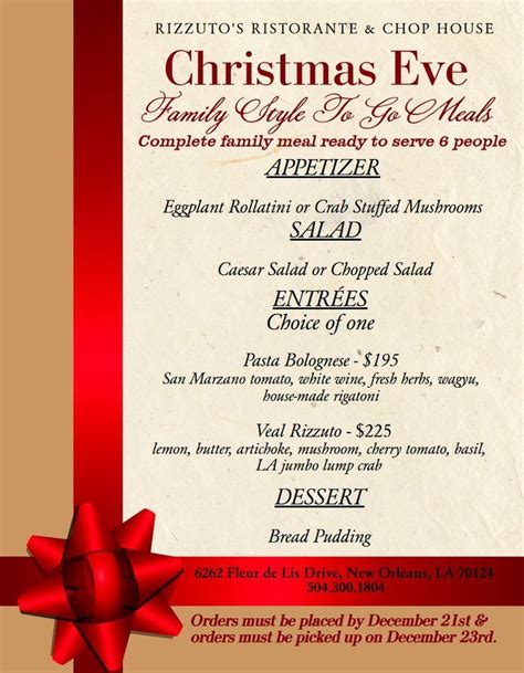 Menu at Rizzuto's Ristorante & Chop House steakhouse, New Orleans