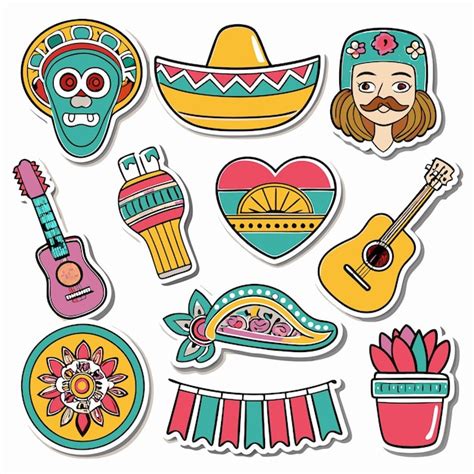 Set Of Colorful Mexican Fiesta Stickers With Sombreros Guitars Maracas And A Heart With A