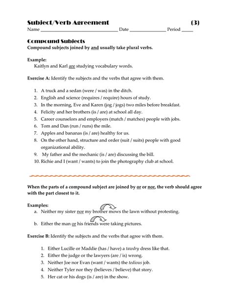 English Grammar Compound Subjects Verb Agreement Worksheets Library