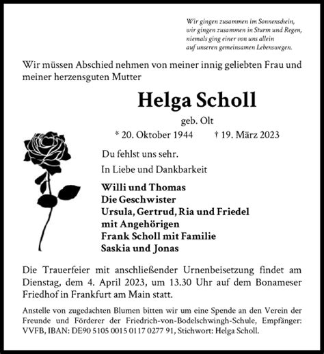 Traueranzeigen Von Helga Scholl Trauer Rheinmain De