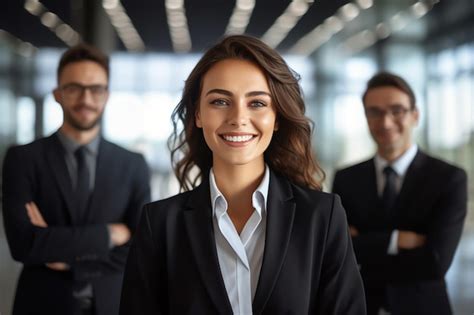 Premium Ai Image A Woman In A Suit Stands In Front Of A Group Of People In A Meeting Room