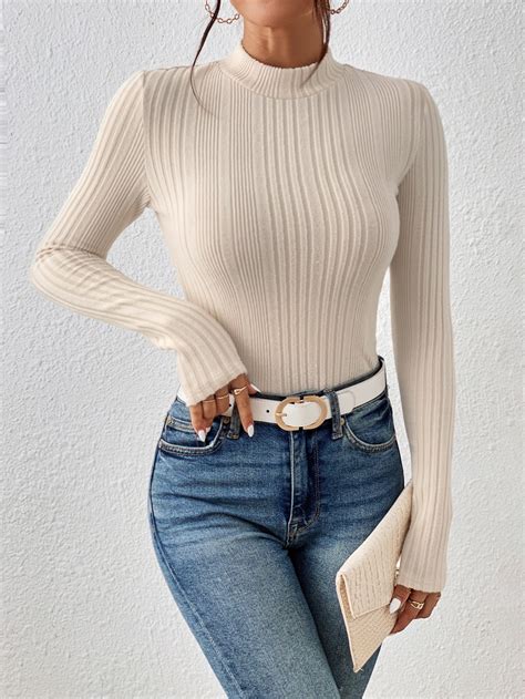 Shein Essnce Mock Neck Ribbed Knit Tee Shein Uk