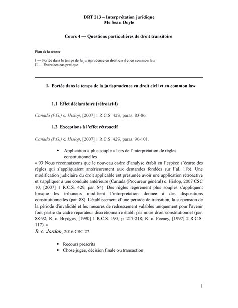 Exercice Cours 4 Interprétation DRT 213 Interprétation juridique Me