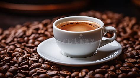 Mug On Plate Filled With Coffee Surrounded By Coffee Beans Cup Of