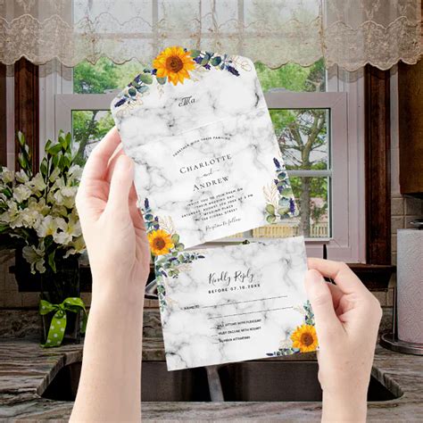 Eucalyptus Greenery Sunflowers Marble Wedding All In One Invitation Zazzle