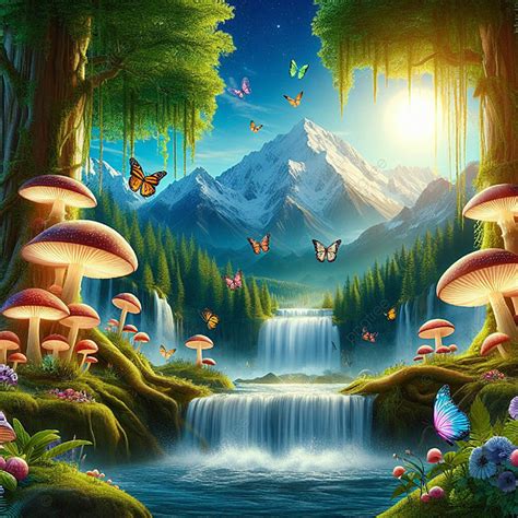 Enchanting Wallpaper Of A Fairyland With Waterfall Mushrooms And