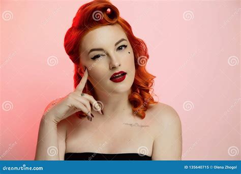 Portrait Of A Beautiful Red Hair Girl With Pin Up Make Up And Hair Stock Image Image Of