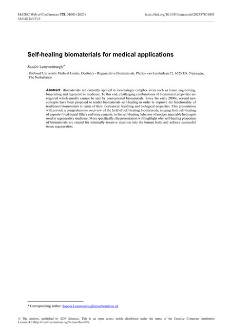 Pdf Self Healing Biomaterials For Medical Applications