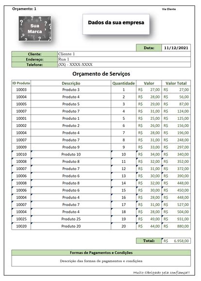 Planilha Excel Para Orçamentos De Produtos E Serviços Elo7