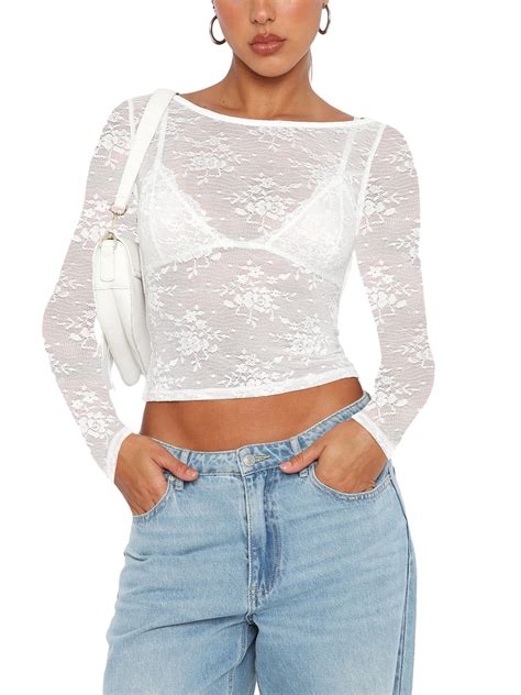 Hirigin Women Summer Sheer Crop Tops Long Sleeve Open Back Lace Floral