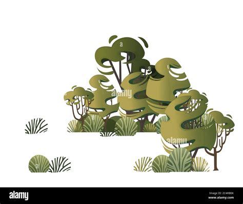 Green Vegetation Bushes Grass And Trees Flat Vector Illustration On