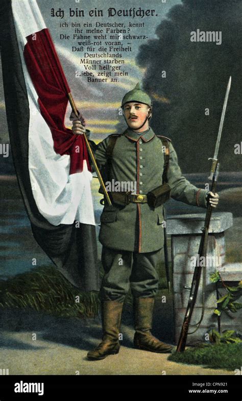 Primera Guerra Mundial / WWI, soldado, bandera alemana en los colores negro-blanco-rojo ...