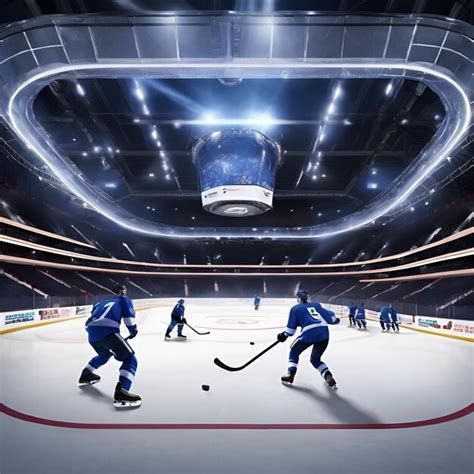 Premium Photo | A nighttime photograph of a hockey arena with players engaged in a fierce game ...