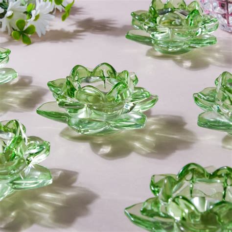 Lotus Glass Tea Light Holder Green Set Of 6