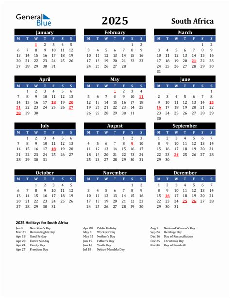 2025 South Africa Calendar With Holidays