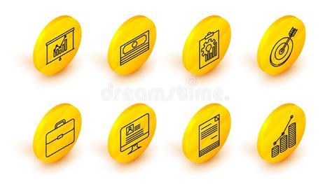 Set Line Pie Chart Infographic And Coin Document Computer Monitor