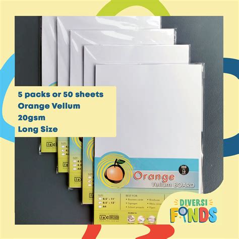 5 PACKS Orange Specialty Vellum Board Paper 200gsm White Long