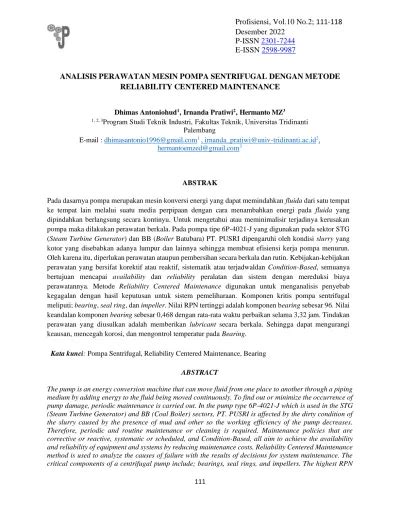 Analisis Perawatan Mesin Pompa Sentrifugal Dengan Metode Reliability
