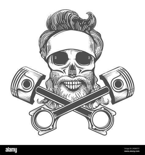 Tattoo Of Biker Skull In Bandana And Motorcycle Pistons Isolated On