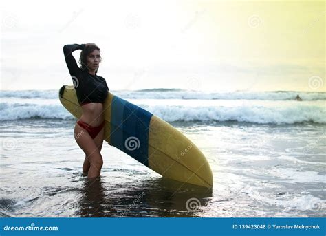 Surfing Surfer Woman Babe Beach Fun At Sunset Girl On The Beach In