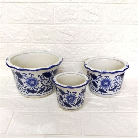 Pot Tanam Keramik Biru Putih Maroko Set Pot Keramik Import Lazada