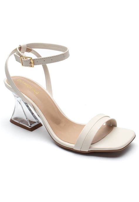 Sandália Feminina Salto Transparente Cristal Tira Tornozelo Off White