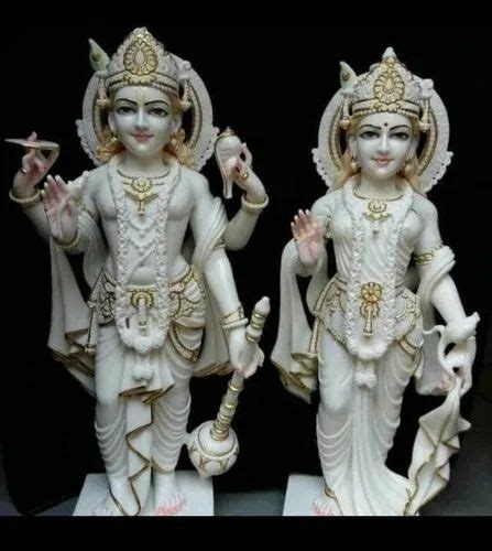 White Golden Painted Makrana Marble Vishnu Laxmi Statue For Temple