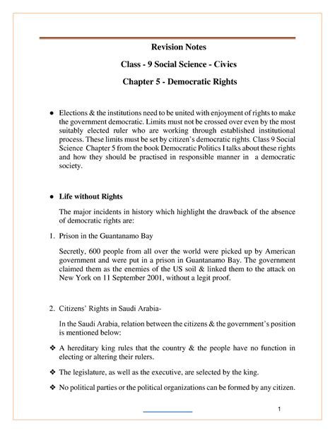 Cbse Class 9 Political Science Civics Chapter 5 Notes Democratic Rights Revision Notes