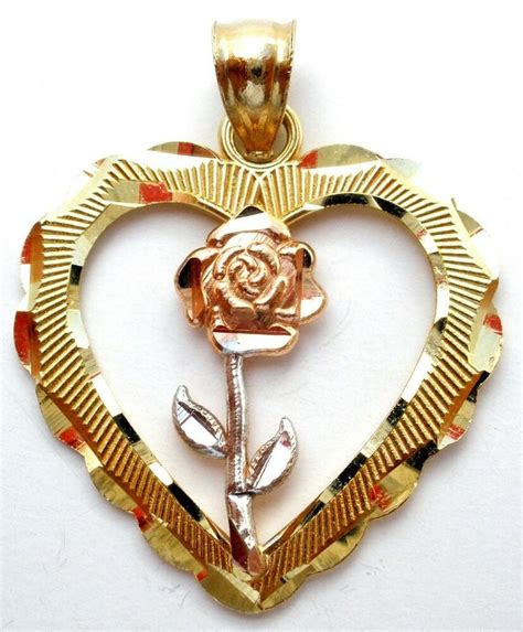 Vintage 14k Tri Gold Heart Pendant Yellow Rose White Flower Charm For