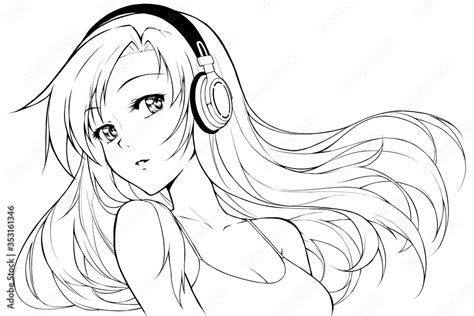 Beautiful Anime Girl In Headphones Listening To Music Stock Illustration Adobe Stock