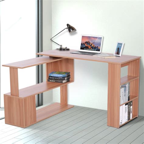 Homcom 360° Rotating Home Office Corner Desk And Storage Shelf Combo Modern L Shaped Rotating