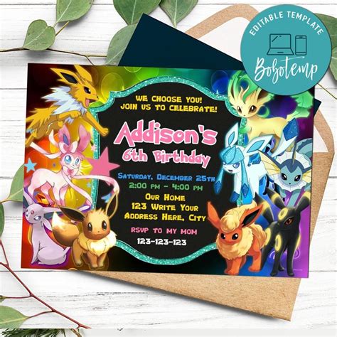 Eevee Evolution Invitation Customizable Template Instant Download