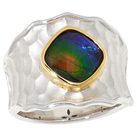 Canadian Ammolite Gems Sterling Silver Ammolite Two Tone Hammered Ring