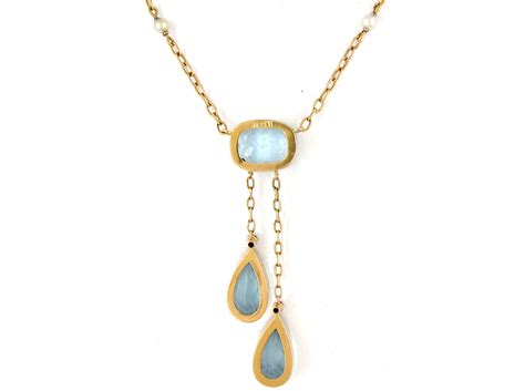 Double Drop Aquamarine 15ct Gold Edwardian Necklace 347d The Antique Jewellery Company