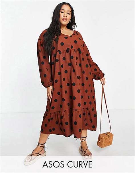 Asos Design Curve Midi Smock Dress With Long Sleeves And Tiered Hem In