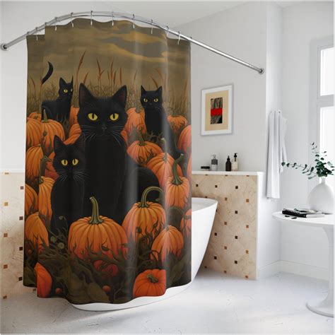 Halloween Black Cat Shower Curtain Pumpkin Fall Autumn Bathroom William