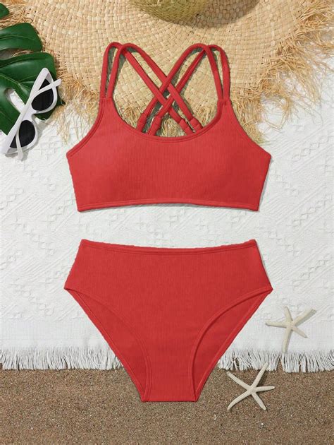 Tween Girl Red Bikini Set Two Piece Bikini Set With Crossed Straps And