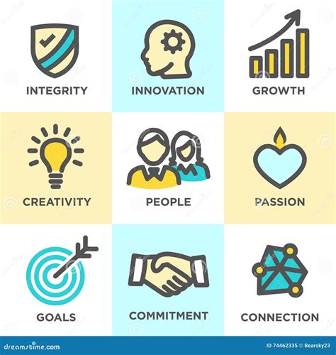 Core Values Outline Icons Yellow Blue Stock Vector Illustration Of