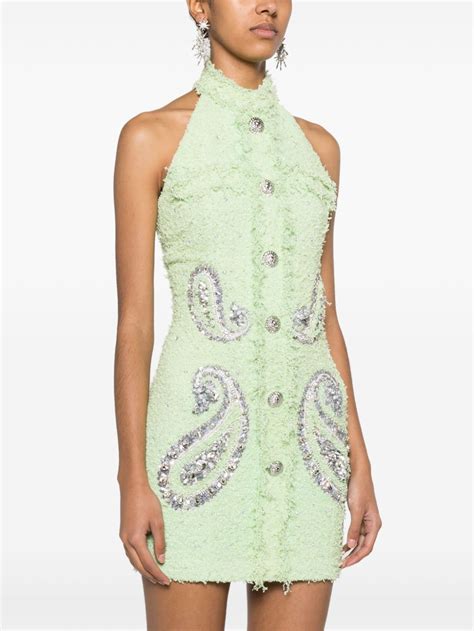 Balmain Paisley Embellished Tweed Mini Dress Green Farfetch