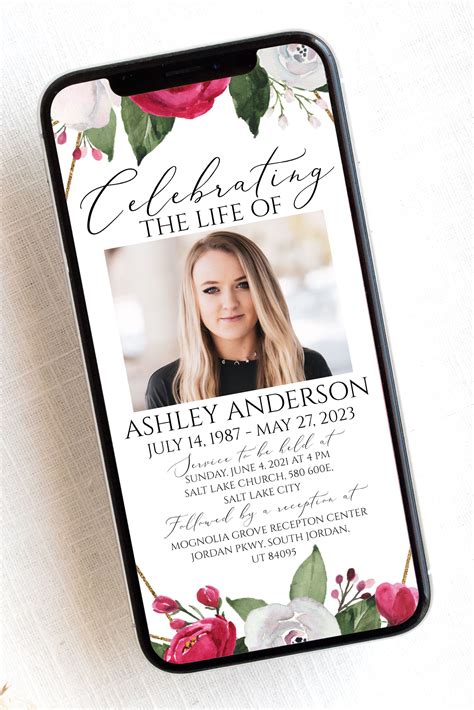 Digital Funeral Invitation Red Roses Funeral Announcement Memorial Evite Electronic Funeral