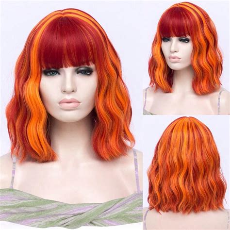 Bob Short Wavy Orange Mix Layered Women Wig With Bangs Synthetic Lolita