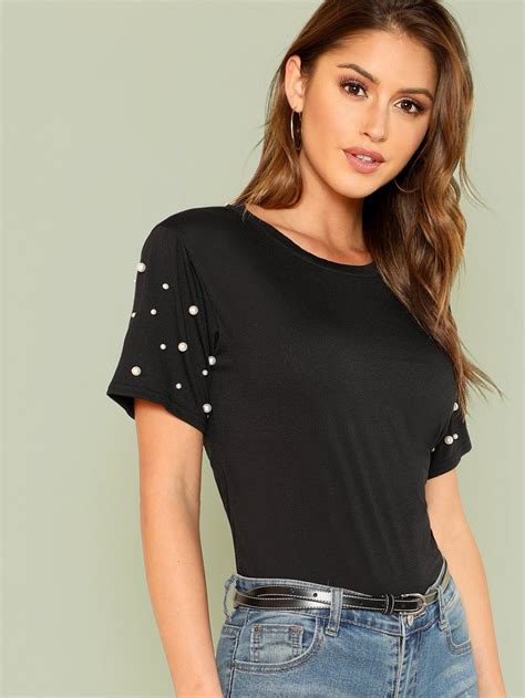 Shein Pearl Embellished Sleeve Tee Refashion Clothes T Shirt Diy