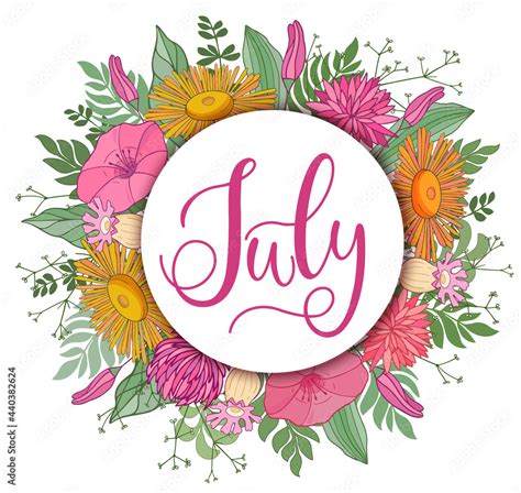 Handwritten, hello july, lettering message. July welcome quote with ...