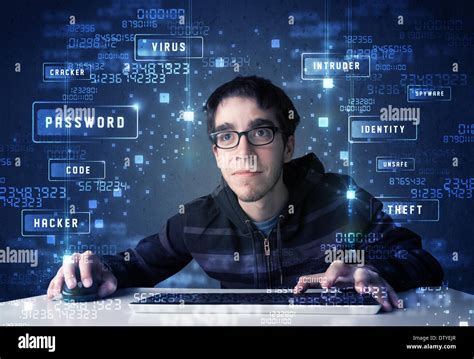 Hacker Programing In Technology Enviroment With Cyber Icons Stock Photo