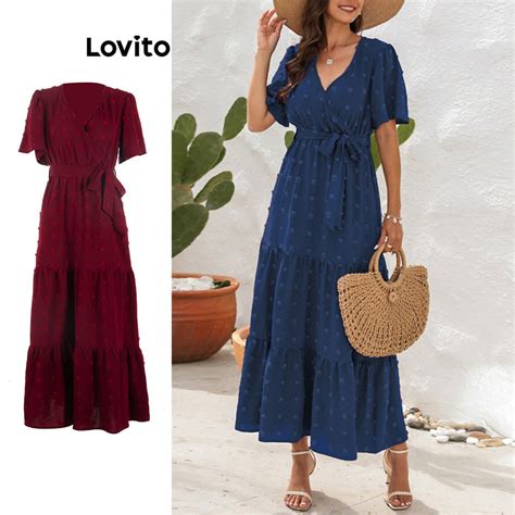 Lovito Casual Plain Pom Tiered Layer Lace Up Na Dress Para Sa Babae